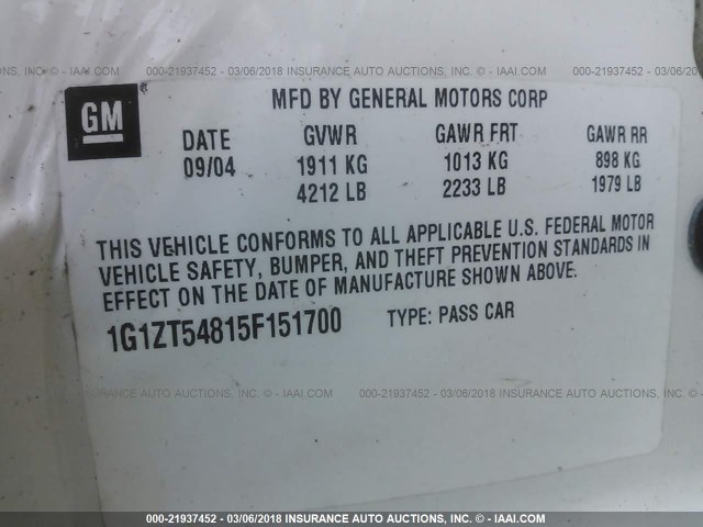 1G1ZT54815F151700 - 2005 CHEVROLET MALIBU LS Ağ foto 9