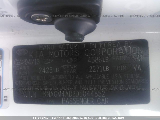 KNAGM4AD3D5044852 - 2013 KIA OPTIMA HYBRID WHITE photo 9