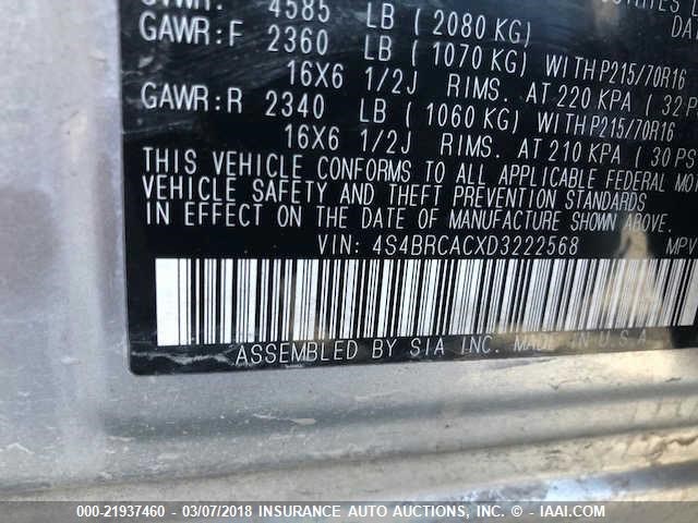 4S4BRCACXD3222568 - 2013 SUBARU OUTBACK 2.5I SILVER photo 9