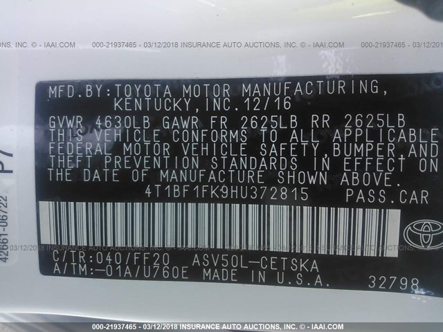 4T1BF1FK9HU372815 - 2017 TOYOTA CAMRY LE/XLE/SE/XSE თეთრი ფოტო 9