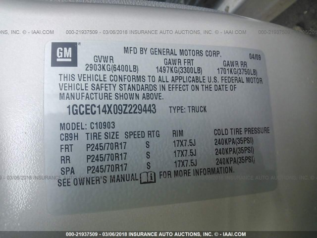 1GCEC14X09Z229443 - 2009 CHEVROLET SILVERADO C1500 GRAY photo 9