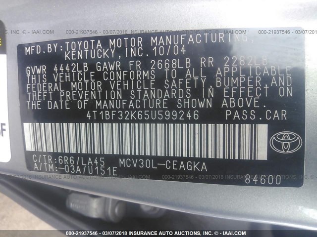 4T1BF32K65U599246 - 2005 TOYOTA CAMRY LE/XLE/SE 银色 照片 9