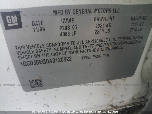 1G6DJ5EG0A0120922 - 2010 CADILLAC CTS PERFORMANCE COLLECTION Белый фото 9