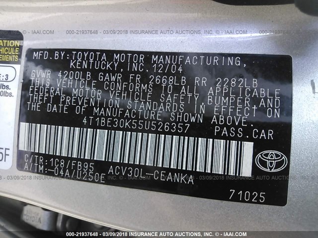 4T1BE30K55U526357 - 2005 TOYOTA CAMRY LE/XLE/SE GRAY photo 9