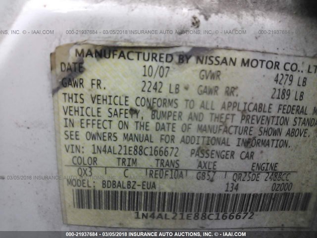 1N4AL21E88C166672 - 2008 NISSAN ALTIMA 2.5/2.5S WHITE photo 9