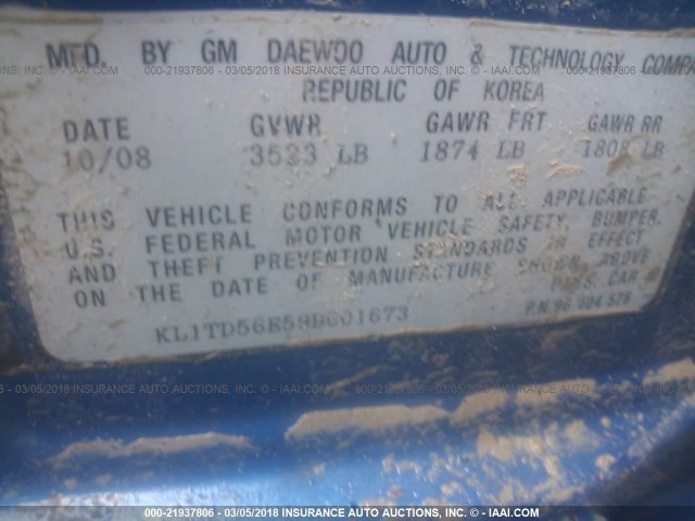 KL1TD56E59B601673 - 2009 CHEVROLET AVEO LS/LT 蓝色 照片 9