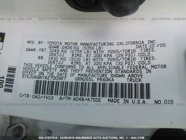 5TEJU4GN7AZ700987 - 2010 TOYOTA TACOMA DOUBLE CAB PRERUNNER WHITE photo 10