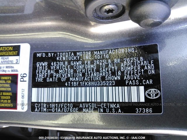 4T1BF1FK8HU335223 - 2017 TOYOTA CAMRY LE/XLE/SE/XSE GRAY photo 9
