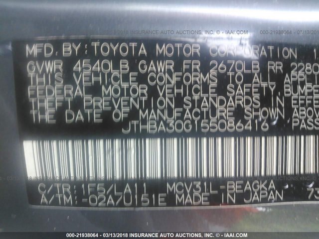 JTHBA30G155086416 - 2005 LEXUS ES 330 BLUE photo 9