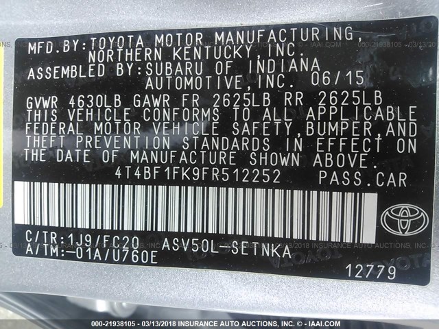 4T4BF1FK9FR512252 - 2015 TOYOTA CAMRY LE/XLE/SE/XSE ვერცხლისფერი ფოტო 9