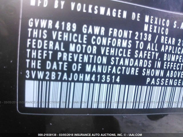 3VW2B7AJ0HM413514 - 2017 VOLKSWAGEN JETTA S 黑色 照片 9