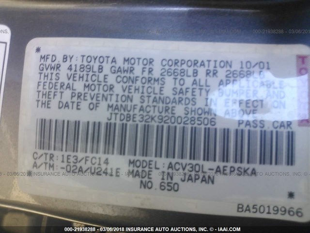 JTDBE32K920028506 - 2002 TOYOTA CAMRY LE/XLE/SE GRAY photo 9