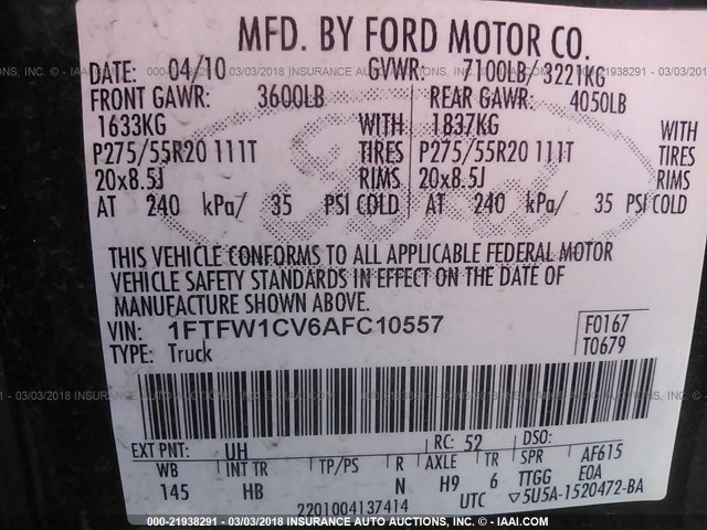 1FTFW1CV6AFC10557 - 2010 FORD F150 SUPERCREW BLACK photo 9