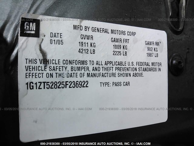 1G1ZT52825F236922 - 2005 CHEVROLET MALIBU LS 灰色 照片 9