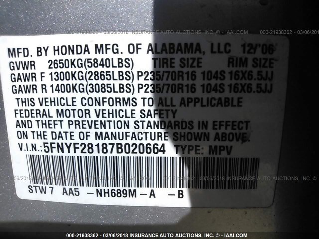 5FNYF28187B020664 - 2007 HONDA PILOT LX SILVER photo 9