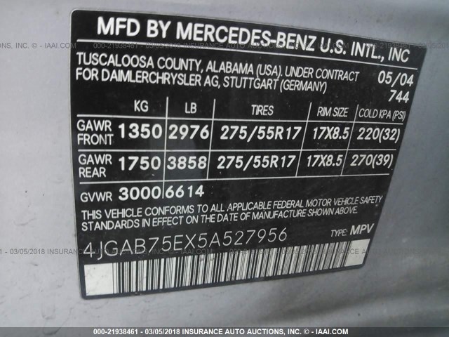 4JGAB75EX5A527956 - 2005 MERCEDES-BENZ ML 500 SILVER photo 9