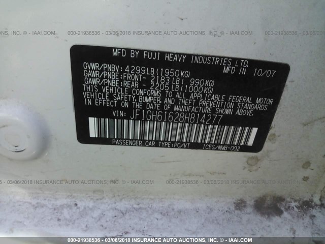 JF1GH61628H814277 - 2008 SUBARU IMPREZA 2.5I WHITE photo 9