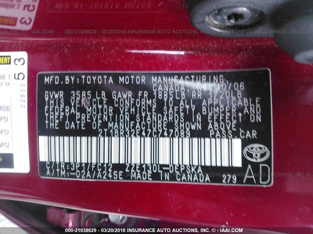 2T1BR32E47C747089 - 2007 TOYOTA COROLLA CE/LE/S RED photo 9