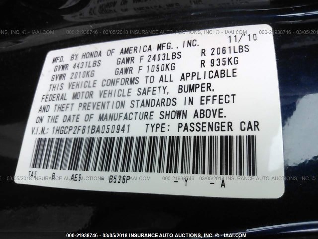 1HGCP2F81BA050941 - 2011 HONDA ACCORD EXL BLUE photo 9