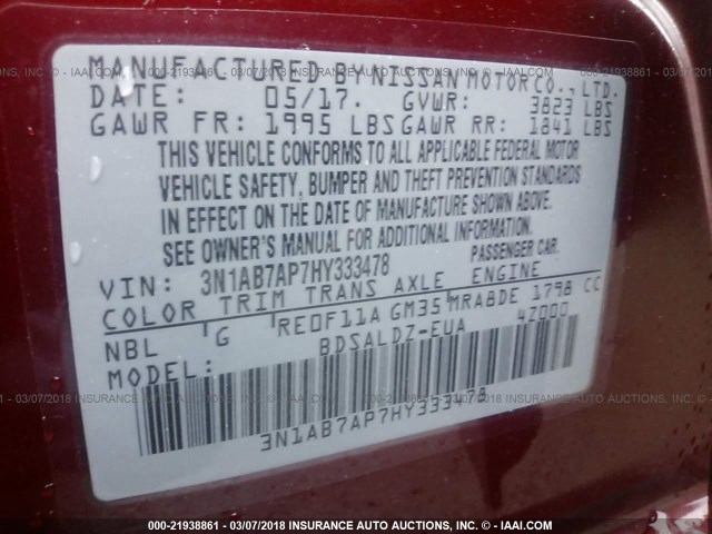 3N1AB7AP7HY333478 - 2017 NISSAN SENTRA S/SV/SR/SL RED photo 9