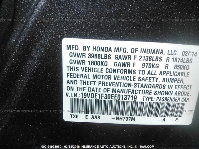 19VDE1F30EE013719 - 2014 ACURA ILX 20 GRAY photo 9