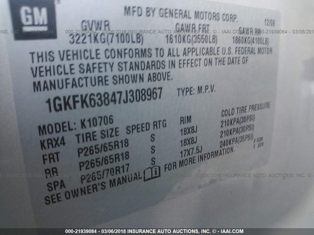 1GKFK63847J308967 - 2007 GMC YUKON DENALI SILVER photo 9