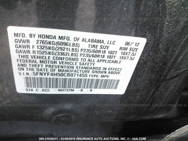 5FNYF4H50CB071455 - 2012 HONDA PILOT EXL GRAY photo 9