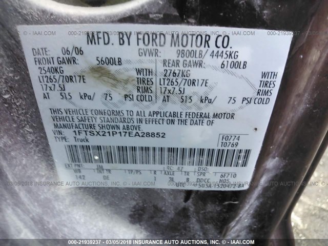 1FTSX21P17EA28852 - 2007 FORD F250 SUPER DUTY BURGUNDY photo 9