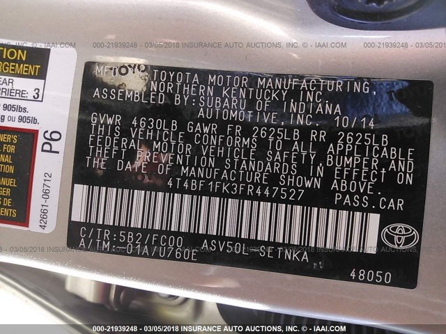 4T4BF1FK3FR447527 - 2015 TOYOTA CAMRY LE/XLE/SE/XSE GOLD photo 9