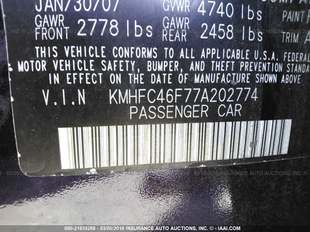 KMHFC46F77A202774 - 2007 HYUNDAI AZERA SE/LIMITED PURPLE photo 9