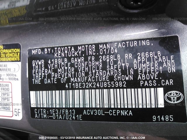 4T1BE32K24U855982 - 2004 TOYOTA CAMRY LE/XLE/SE GRAY photo 9