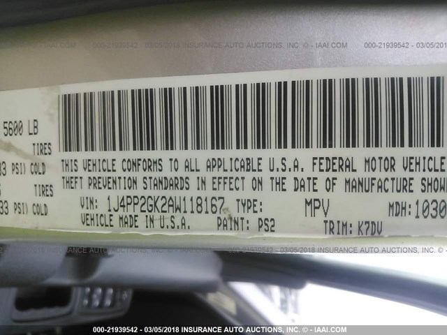 1J4PP2GK2AW118167 - 2010 JEEP LIBERTY SPORT 银色 照片 9