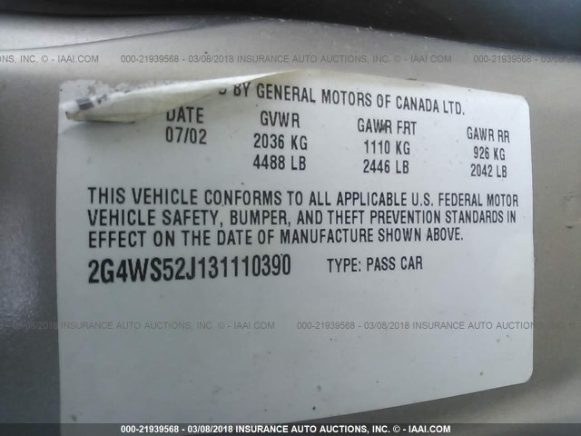 2G4WS52J131110390 - 2003 BUICK CENTURY CUSTOM TAN photo 9