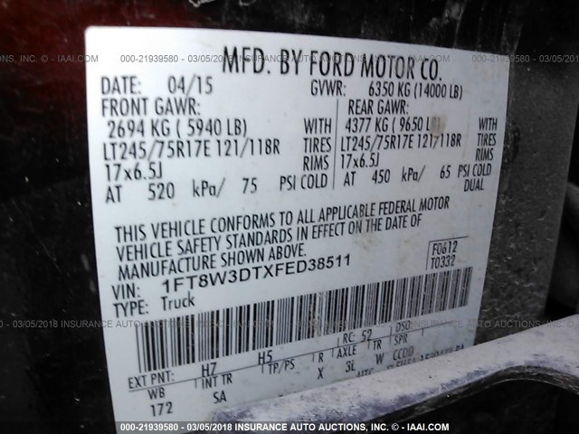 1FT8W3DTXFED38511 - 2015 FORD F350 SUPER DUTY RED photo 10