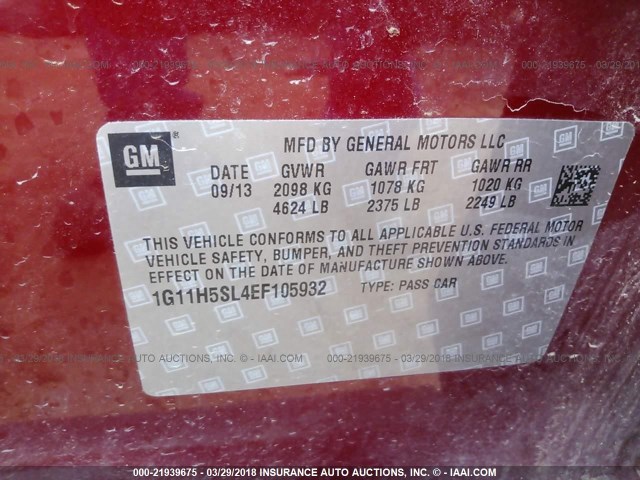 1G11H5SL4EF105932 - 2014 CHEVROLET MALIBU LTZ 红色 照片 9