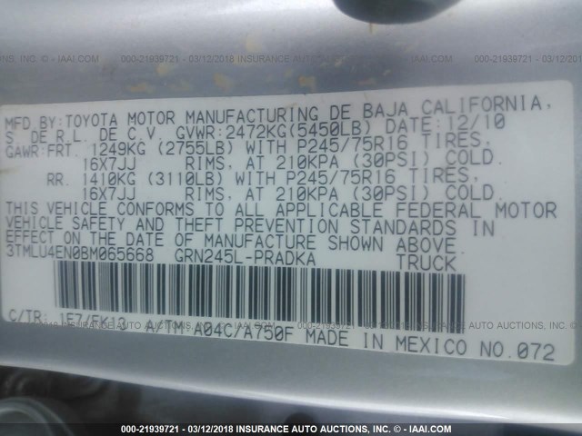 3TMLU4EN0BM065668 - 2011 TOYOTA TACOMA DOUBLE CAB ვერცხლისფერი ფოტო 9