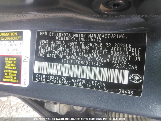 4T1BF1FK8CU115427 - 2012 TOYOTA CAMRY SE/LE/XLE GRAY photo 9