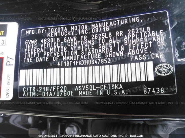 4T1BF1FKXHU647852 - 2017 TOYOTA CAMRY LE/XLE/SE/XSE შავი ფოტო 9