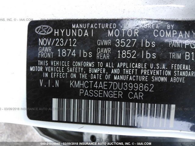 KMHCT4AE7DU399862 - 2013 HYUNDAI ACCENT GLS/GS WHITE photo 9