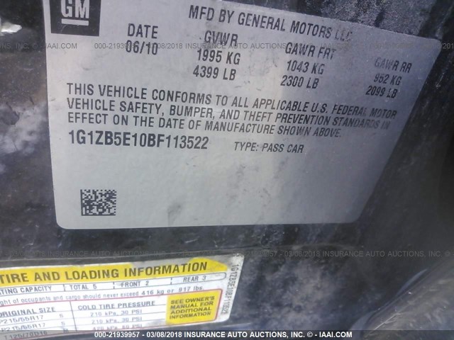 1G1ZB5E10BF113522 - 2011 CHEVROLET MALIBU LS 黑色 照片 9