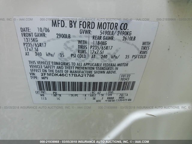 2FMDK46C17BA21786 - 2007 FORD EDGE SE WHITE photo 9