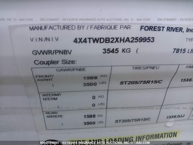 4X4TWDB2XHA259953 - 2017 FOREST RIVER WILDWOOD  白色 照片 9