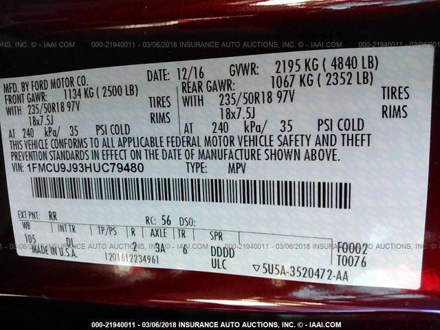 1FMCU9J93HUC79480 - 2017 FORD ESCAPE TITANIUM MAROON photo 9