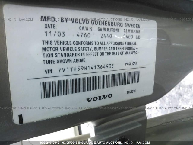 YV1TH59H141364935 - 2004 VOLVO S80 2.5T GOLD photo 9