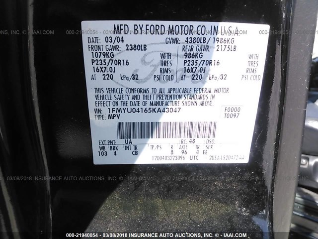 1FMYU04165KA43047 - 2005 FORD ESCAPE LIMITED BLACK photo 9