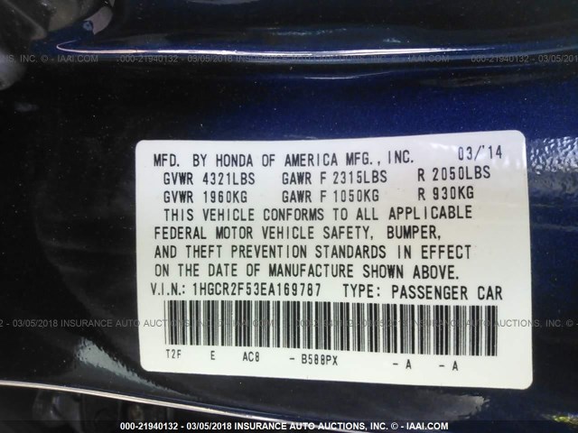 1HGCR2F53EA169787 - 2014 HONDA ACCORD SPORT 蓝色 照片 9