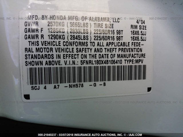 5FNRL180X4B106410 - 2004 HONDA ODYSSEY EXL WHITE photo 9