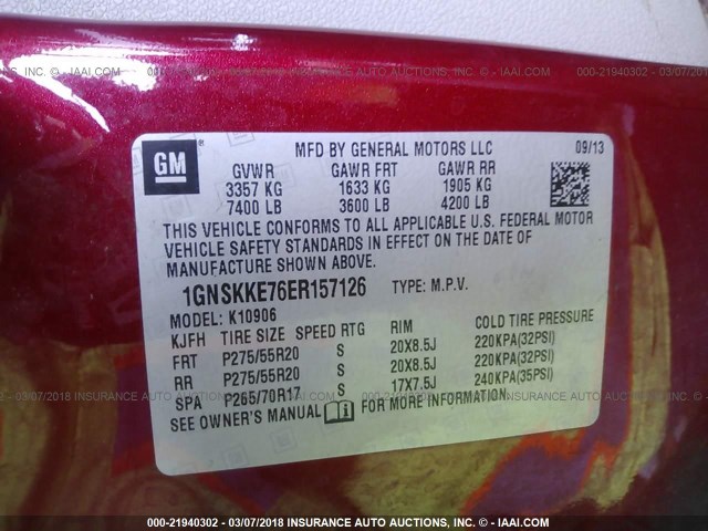 1GNSKKE76ER157126 - 2014 CHEVROLET SUBURBAN K1500 LTZ RED photo 9