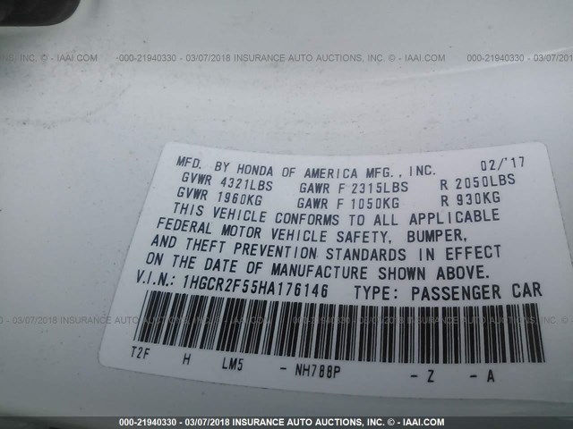 1HGCR2F55HA176146 - 2017 HONDA ACCORD SPORT 白色 照片 9