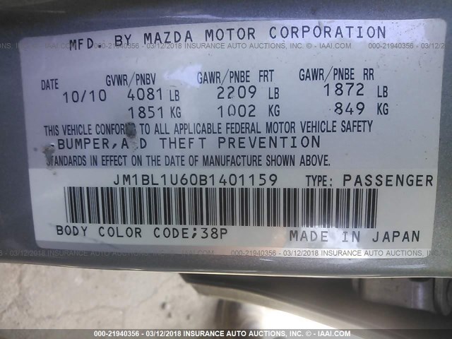 JM1BL1U60B1401159 - 2011 MAZDA 3 S SILVER photo 9